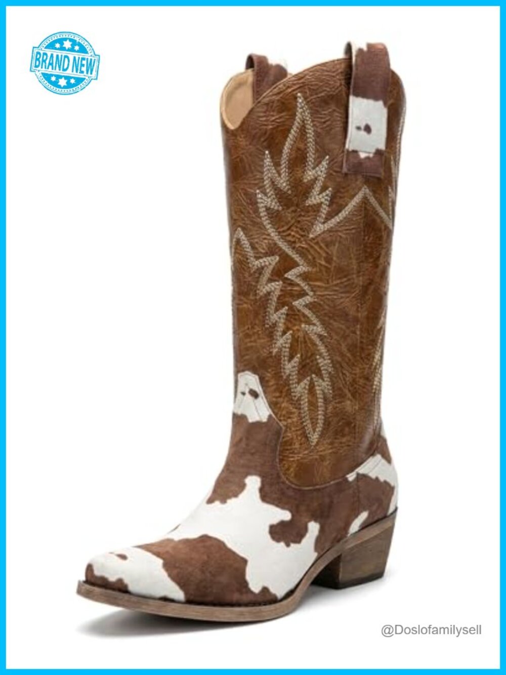Faux Leather Cow Print Cowboy Boots Pointed Toe Knee-High Western Women